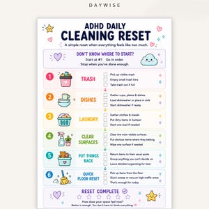 Może przedstawiać: Kolorowa lista kontrolna ADHD Daily Cleaning Reset zawierająca sześć ponumerowanych kroków z ikonami dotyczącymi śmieci, naczyń, prania, powierzchni, odkładania rzeczy na miejsce i sprzątania podłóg. Dokument zawiera instrukcje, pola wyboru oraz gwiazdki i serca.