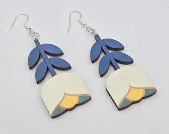 Tulip drop birch ply earrings - hand painted