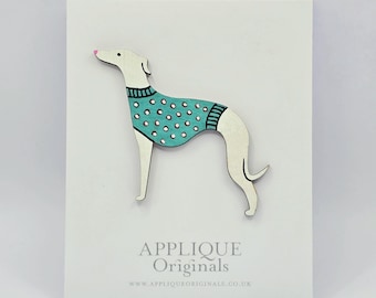 Hand painted greyhound/lurcher birch ply brooch pin