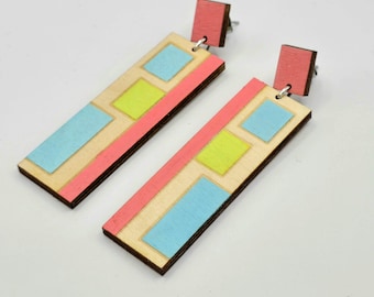 Hand painted stud drop bauhaus inspired birch ply statement earrings