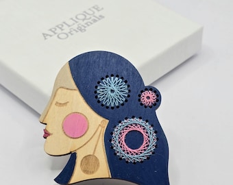 Hand painted & hand embroidered portrait birch ply brooch pin
