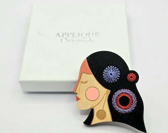 Hand Painted Embroidered Wooden Brooch, Laser Cut Woman Profile Pin, Artistic Wearable Art