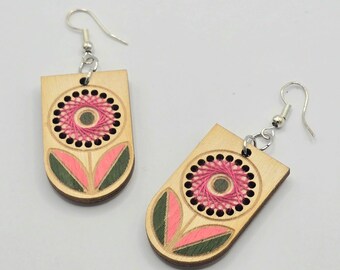 Hand painted and hand embroidered wood birch ply flower earrings