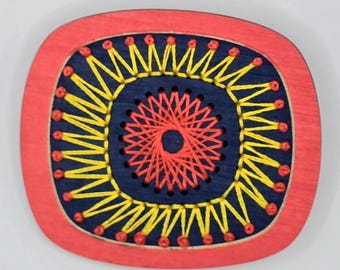 Hand painted & hand embroidered 'Sputnik' inspired 1960s' birch ply brooch pin