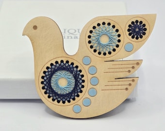 Hand painted & hand embroidered scandi / folk bird birch ply brooch pin