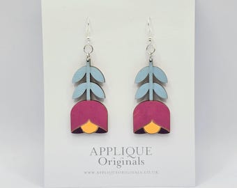 Tulip drop birch ply earrings - hand painted