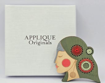 Hand painted & hand embroidered portrait birch ply brooch pin