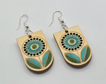Hand painted and hand embroidered wood birch ply flower earrings