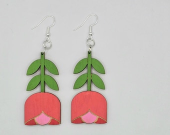 Tulip drop birch ply earrings - hand painted