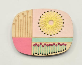 Hand painted & hand embroidered 'Northumberland' birch ply brooch pin