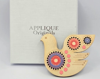 Hand painted & hand embroidered scandi / folk bird birch ply brooch pin