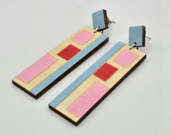 Hand painted stud drop bauhaus inspired birch ply statement earrings