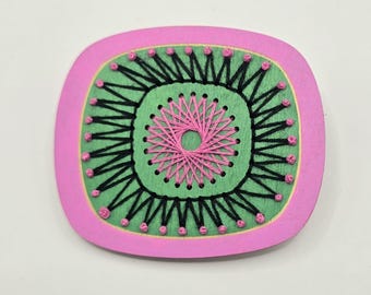 Hand painted & hand embroidered 'Sputnik' inspired 1960s' birch ply brooch pin