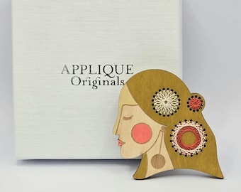 Hand painted & hand embroidered portrait birch ply brooch pin