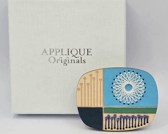 Hand painted & hand embroidered 'Northumberland' birch ply brooch pin