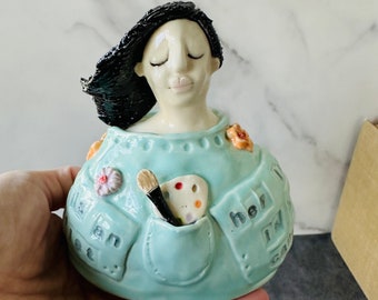 ceramic female sculpture, handmade sculpture, inspirational art, whimsical art