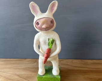 air dry clay sculpture, handmade sculpture, girl in bunny suit, whimsical art