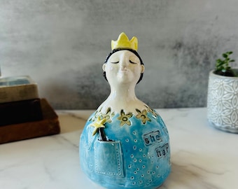 ceramic female sculpture, handmade sculpture, inspirational sculpture, whimsical art