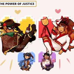 Może przedstawiać: Cztery kolorowe naklejki z postaciami z kreskówek. Naklejka w lewym górnym rogu przedstawia postać o brązowej skórze w brązowym kapeluszu, zielonym szaliku i brązowej kurtce. Naklejka w prawym górnym rogu przedstawia postać o brązowej skórze w biało-czerwonym kimonie z maską lisa. Naklejka w lewym dolnym rogu przedstawia postać o brązowych włosach w niebieskiej kurtce i brązowym kapeluszu. Naklejka w prawym dolnym rogu przedstawia postać o brązowych włosach w fioletowej kurtce i koronie. Tekst "THE POWER OF JUSTICE" znajduje się w górnej części obrazu.