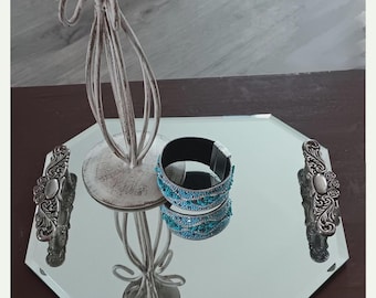 Bandeja con espejo estilo Hollywood Regency vintage: Expositor de tocador con asa de peltre