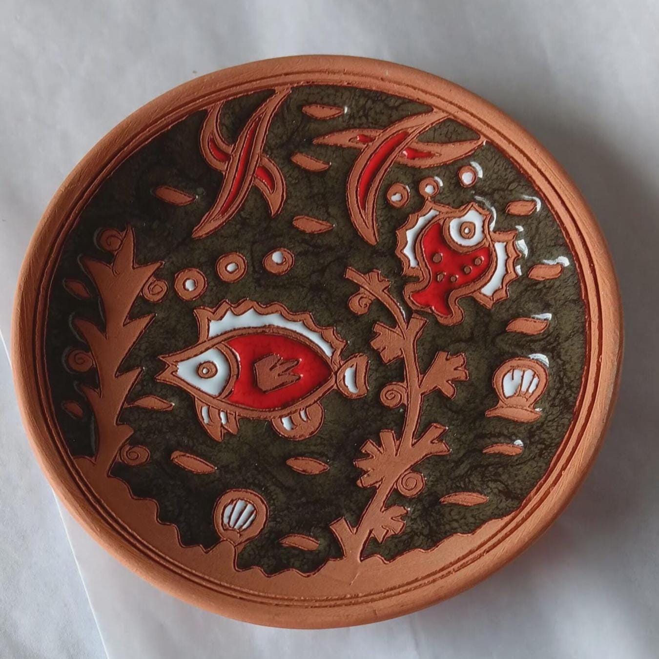 Vintage Rhodes Greece Original Pottery Dish With Red Green White Glaze | Handmade by Bonis Ceramics| Fish In Coral | Hang or Stand on Easel
