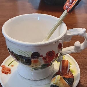 May include: A decorative teacup and saucer set with a bird and floral design. The white ceramic cup has a bird and red flower pattern. A spoon with a butterfly on the end rests inside the cup. A bird figurine is on the saucer.