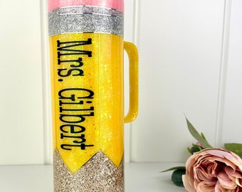 Personalized Pencil Glitter 30oz tumbler w/ handle | Personalized Teacher Tumbler | Glitter Epoxy Cup with Handle |Teacher appreciation gift