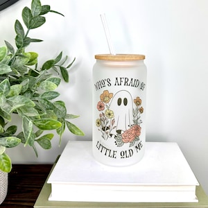 Who’s afraid of little old me 16oz glass cup with bamboo lid and Straw | Iced Coffee cup with bamboo lid | Perfect gift for Swift fans