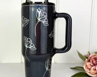 Black Holographic Flower Tumbler: Personalized Glitter Epoxy Cup (40oz)