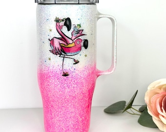 Pink Flamingo Glitter 24oz Tumbler with Handle: Personalized Epoxy Cup