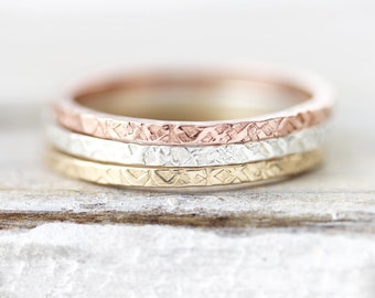 Brass Single Stacking Ring Flat Facet Hammered