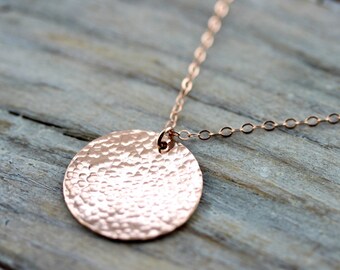 Large hammered rose gold disc necklace - 19mm 14K rose gold filled textured disk pendant