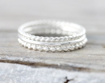 Set of 3 textured stacking rings in sterling silver or gold filled - twisted, smooth and dotted rings (set3)