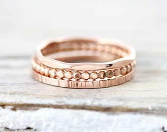 Set of 3 textured stacking rings - faceted, dotted and lined rings