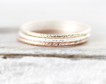 Thin Crinkled stacking ring in sterling silver or gold filled, textured skinny ring 1mm