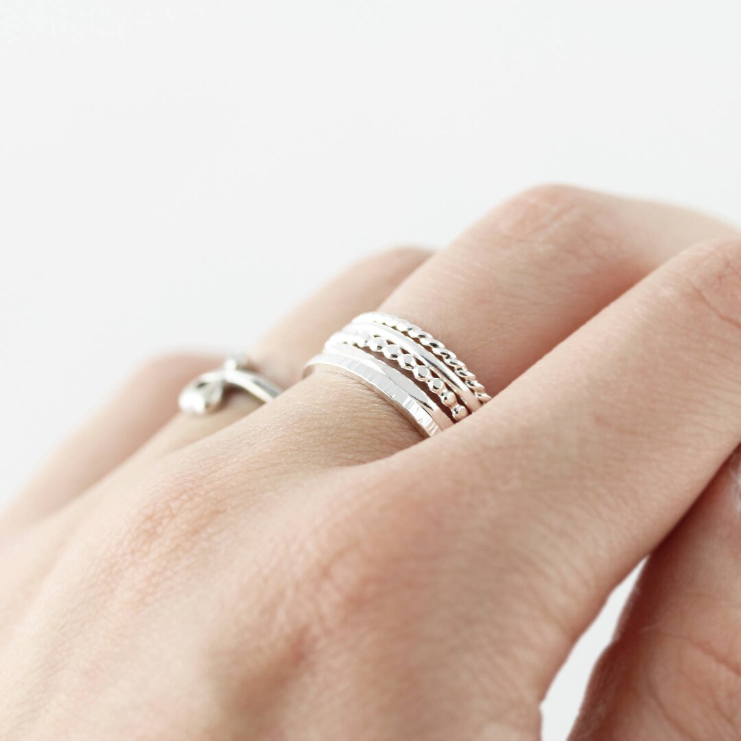 Set of 5 Textured Stacking Rings Sterling Silver or Gold Filled - Etsy