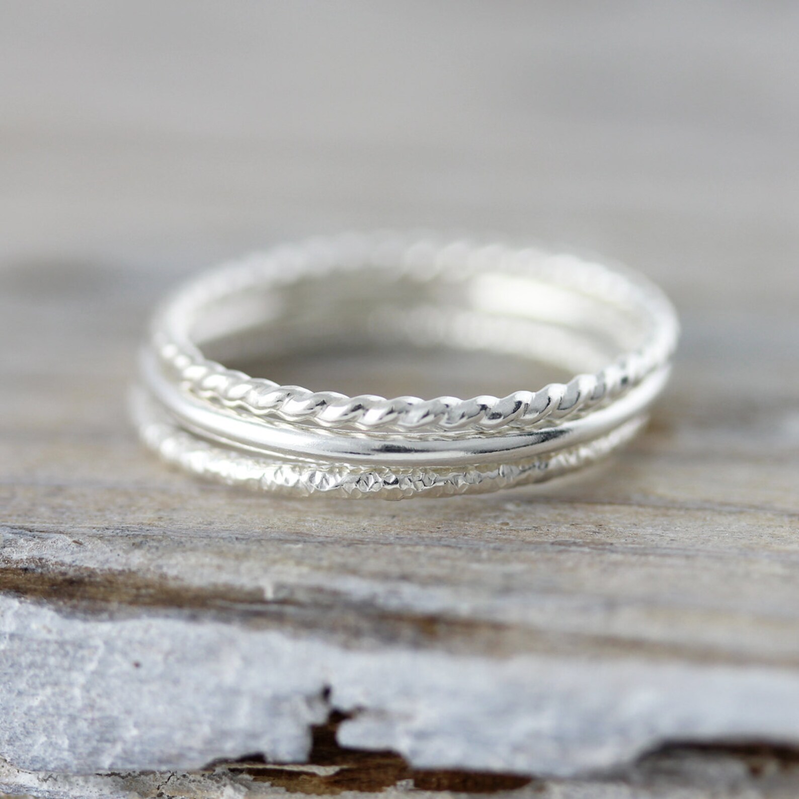 Set of 3 Textured Stacking Rings in Sterling Silver Twisted - Etsy