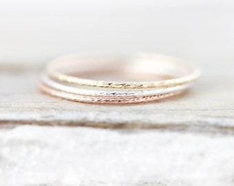 Extra thin Crinkled stacking ring in sterling silver or gold filled, textured skinny ring 0.8mm
