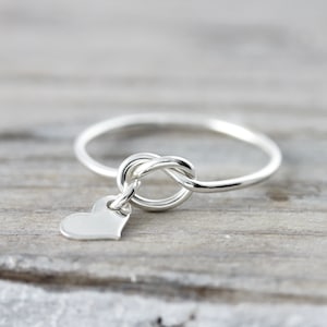 Love knot ring with heart charm - recycled sterling silver ring