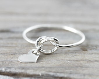 Love knot ring with heart charm - recycled sterling silver ring