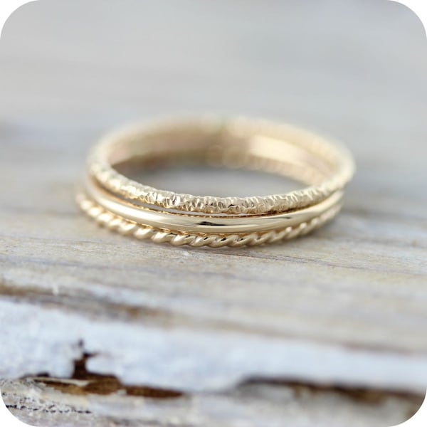 Set of 3 textured stacking rings in sterling silver - twisted, smooth and crinkled rings