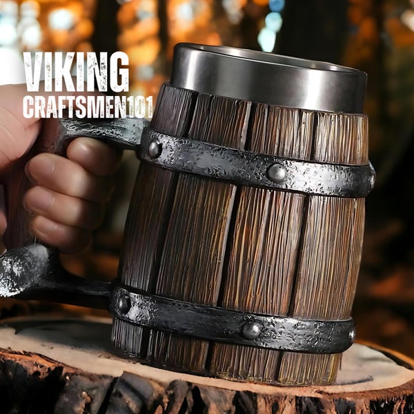Stainless Steel Wooden Barrel Mug Viking Gift Norse Ale Beer 600ml