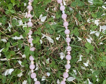 Authentic Freshwater Pearl and Natural Rose Quartz necklace (with Rose Quartz and Lotus Flower charm)