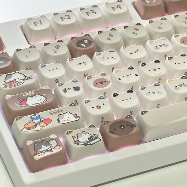 Kitty Shaped Mocha Kitties themed Keycaps PBT 139 Set MAO Profile for Mechanical Keyboards