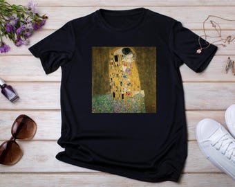 グスタフ・クリムト「接吻」VネックTシャツ：エレガントなゴールド