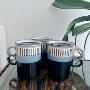 Set of 3 Vintage Ceramic Mugs | Black Gray White Coffee Cups | Minimalist Stoneware | 70s 80s Kitchen Decor | Modern Rustic Mugs