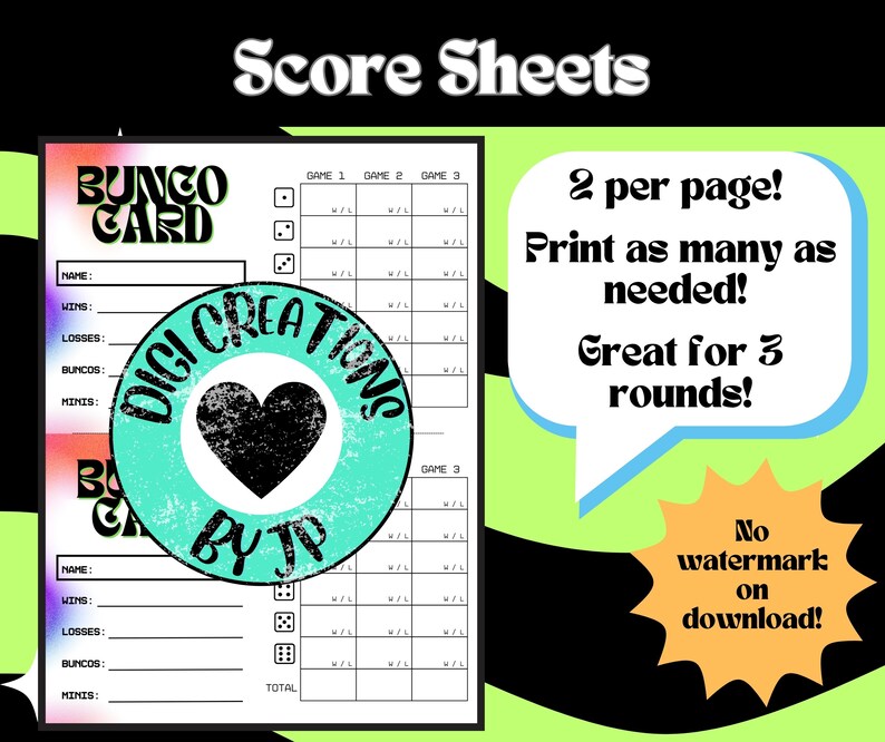 Bunco Party Printables - 70s & Glow Themed Colorful Scorecard Table ...