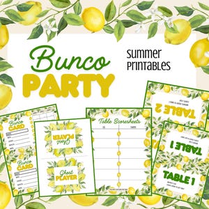 Materiale stampabile per la festa di Bunco al limone estivo / Scheda segnapunti, Cartellini da tavolo, Cartoncino giocatore fantasma, Fogli di conteggio / Download digitale PDF / Maggio Giugno Luglio Agosto