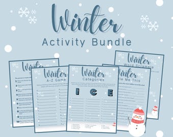 May include: A set of five printable winter-themed activity sheets. The sheets include a word scramble, a "Guess Me This" game, a "Winter Categories" game, a "Winter A-Z Game", and a "Winter Trivia" game. The sheets are blue with snowflakes and a snowman illustration.