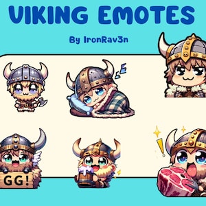 以下が含まれることがあります： 漫画スタイルのイラストを使用した、バイキングをテーマにした絵文字のコレクション。各絵文字は、角のあるヘルメットをかぶったバイキングのキャラクターで、さまざまな感情や行動を表現しています。テキストは「VIKING EMOTES」と「By IronRav3n」です。